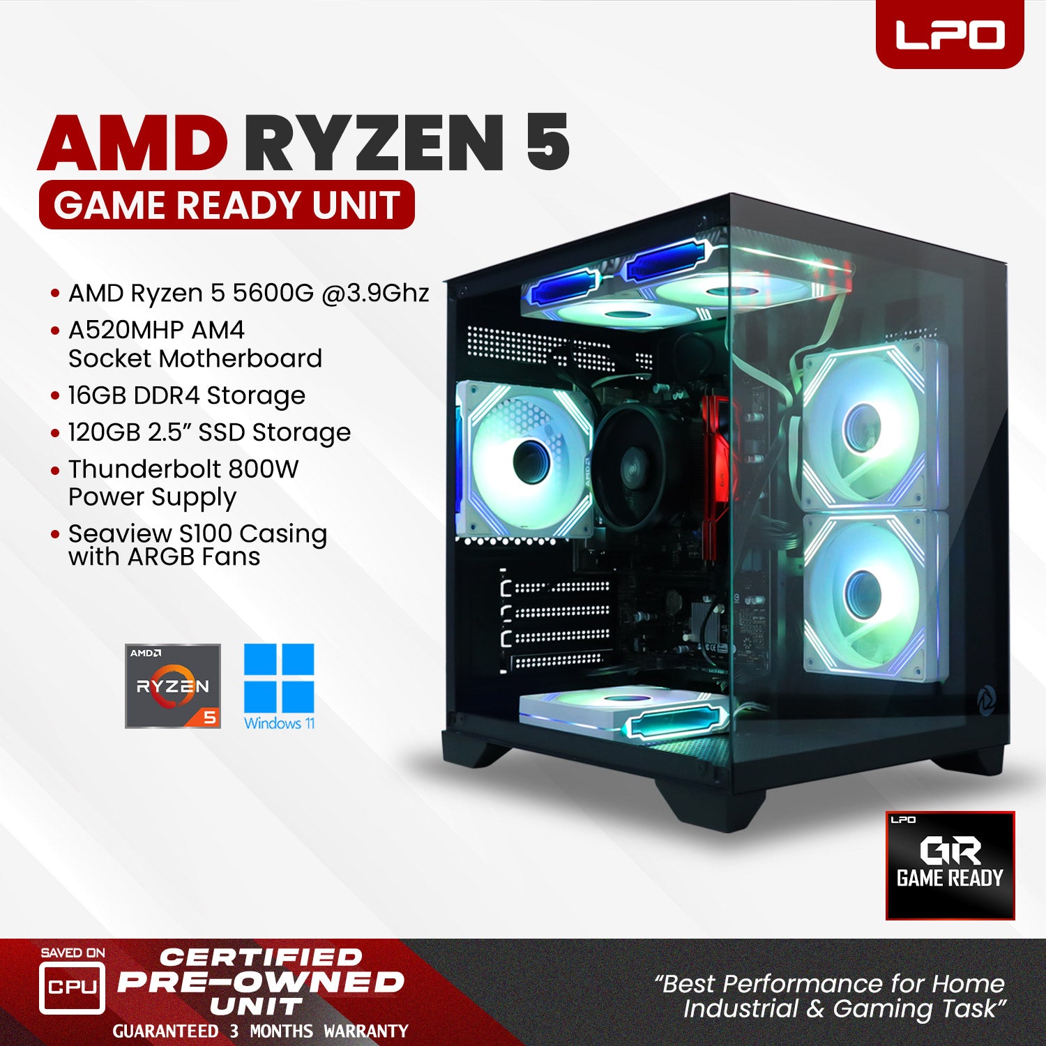 Gaming Unit AMD Ryzen 5 5600G @ 3.9GHz Biostar A520MHP (AM4 Socket) Team Group 16GB DDR4 (2×8GB) 3200MHz 120GB 2.5