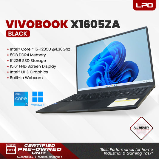 LPO Laptop Asus Vivobook X1605ZA Intel Core i5-1235U @ 1.30GHz 8GB DDR4 512GB SSD Win 11 Home 15.6" FHD Intel UHD Graphics