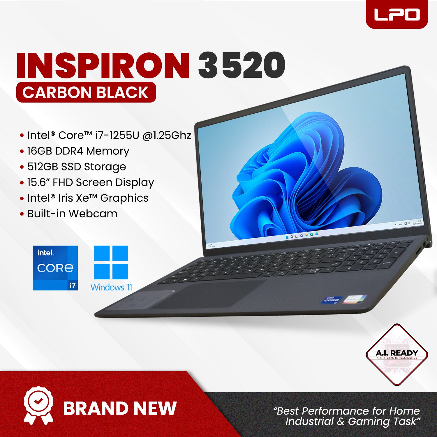 Laptop Dell Inspiron 15 3520 Intel Core i7-1255U 1.25Ghz 16GB DDR4 512GB SSD Intel Iris Xe 15.6