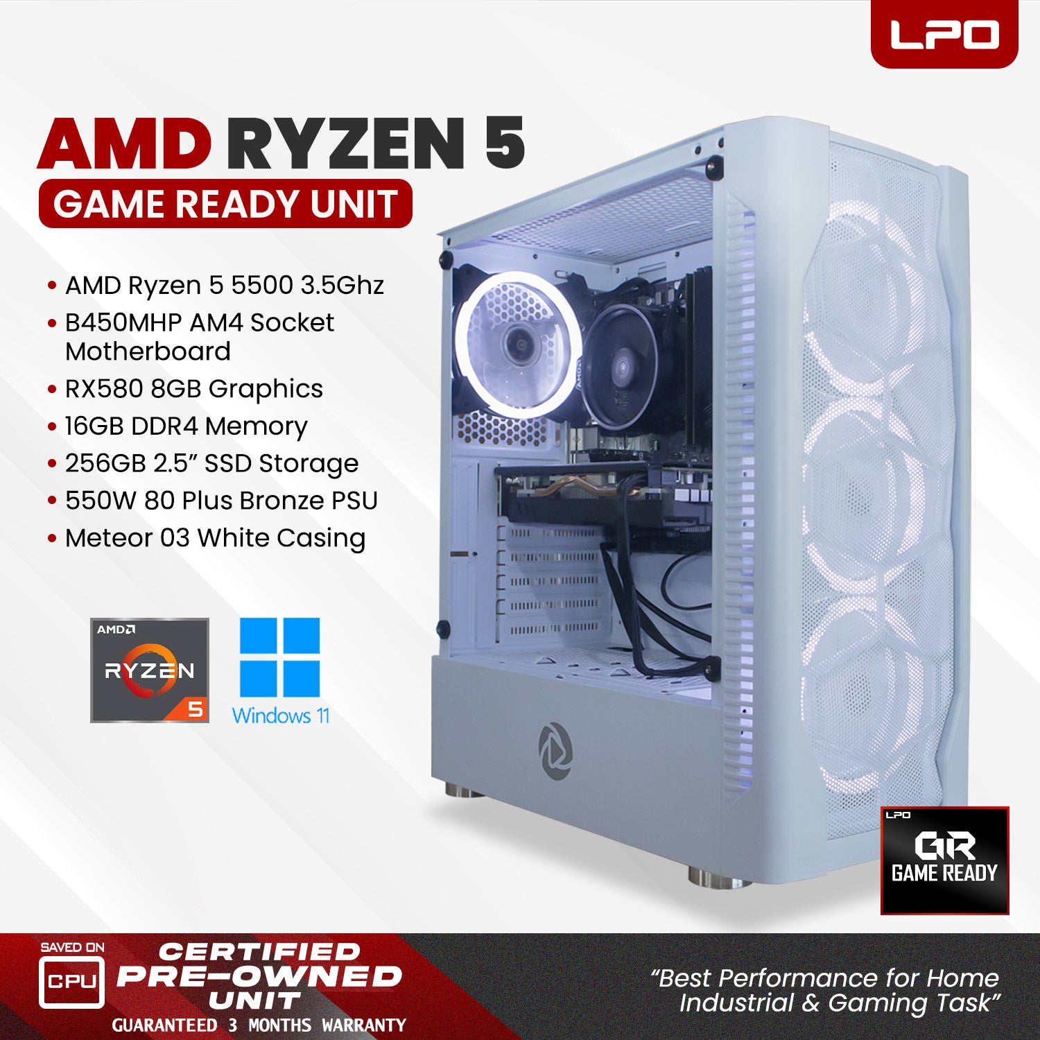 Gaming Unit AMD Ryzen 5 5500 3.5Ghz B450MHP AM4 Socket RX580 8GB 16GB DDR4 256GB 2.5
