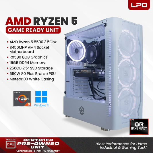 Gaming Unit AMD Ryzen 5 5500 3.5Ghz B450MHP AM4 Socket RX580 8GB 16GB DDR4 256GB 2.5" SSD 550W 80 Plus Bronze Meteor 03 White Casing (Game Ready)