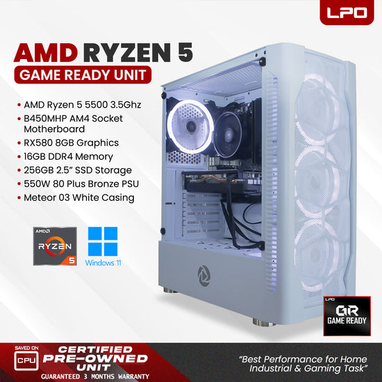 Gaming Unit AMD Ryzen 5 5500 3.5Ghz B450MHP AM4 Socket RX580 8GB 16GB DDR4 256GB 2.5