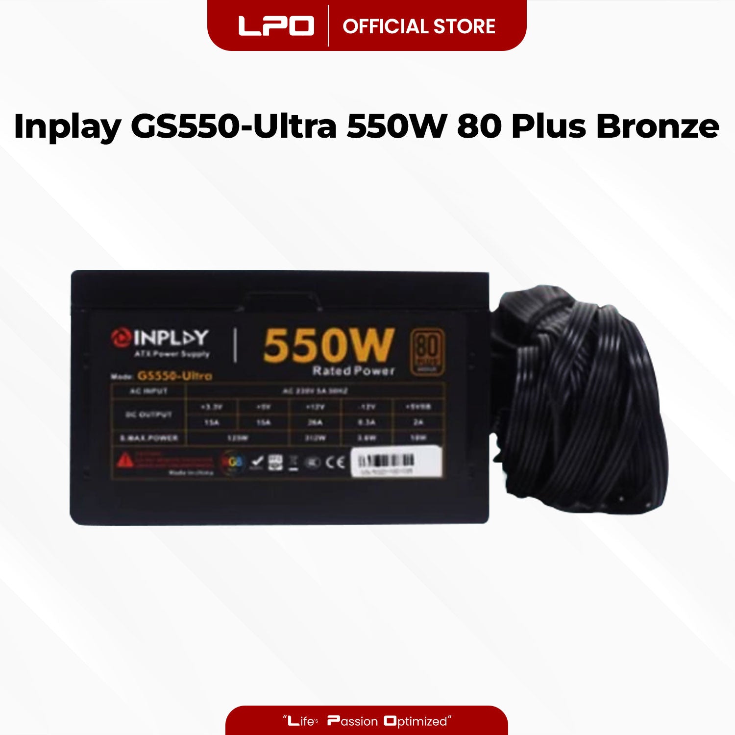 Inplay GS550-Ultra Black 550W 80+ Bronze RGB Power Supply True-Rated High Performance PSU For CPU Desktop PC Computer