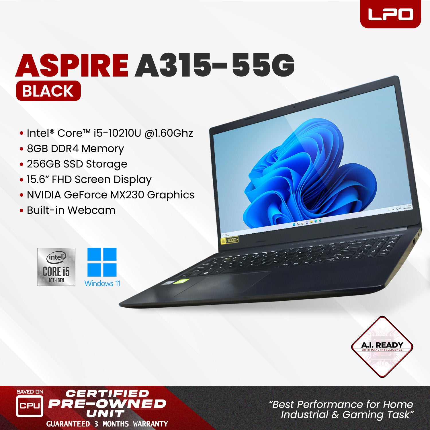 LPO Laptop Acer Aspire A315-55G Intel Core i5-10210U 1.60Ghz 8GB DDR4 256GB AMD NVIDIA GeForce MX30 15.6