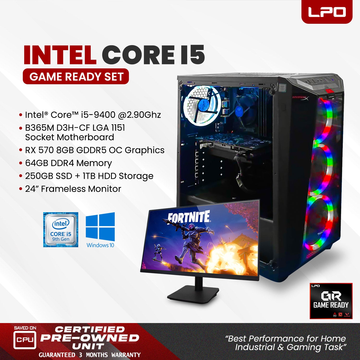 Gaming Desktop Computer Intel Core i5-9400 2.90Ghz B365M D3H-CF LGA 1151 Socket Motherboard RX 570 8GB GDDR5 OC 64GB DDR4 250GB SSD + 1TB HDD 24
