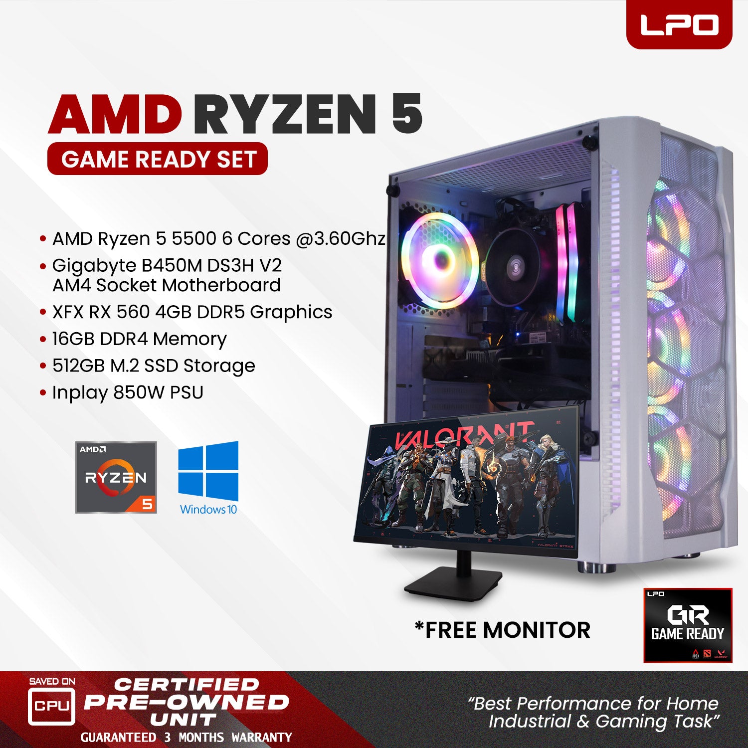 Gaming Desktop Computer AMD Ryzen 5 5500 6 Cores 3.60Ghz Gigabyte B450M DS3H V2 AM4 Socket Motherboard XFX RX 560 4GB DDR5 16GB DDR4 512GB M.2 SSD Inplay 850W PSU (Game Ready Set)