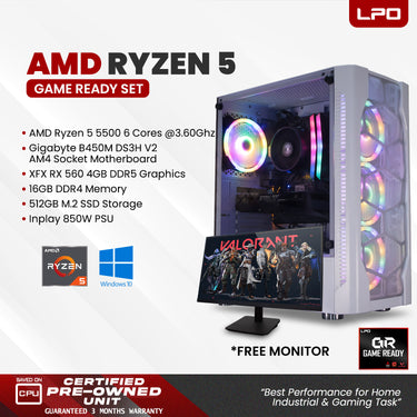 Gaming Desktop Computer AMD Ryzen 5 5500 6 Cores 3.60Ghz Gigabyte B450M DS3H V2 AM4 Socket Motherboard XFX RX 560 4GB DDR5 16GB DDR4 512GB M.2 SSD Inplay 850W PSU (Game Ready Set)