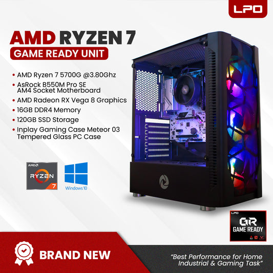 Gaming Desktop Unit AMD Ryzen 7 5700G 3.80Ghz AsRock B550M Pro SE AM4 Socket Motherboard AMD Radeon RX Vega 8 16GB SSD Inplay Gaming Case Meteor 03 Tempered Glass PC Case (Game Ready Unit)
