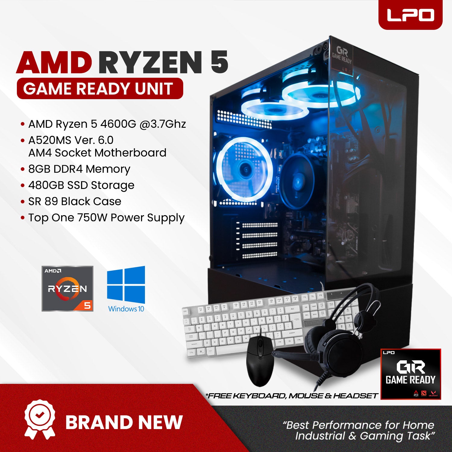 Gaming Unit AMD Ryzen 5 4600G 3.7Ghz A520MS Ver. 6.0 AM4 Socket Motherboard 8GB DDR4 480GB SSD SR 89 Black Case Top One 750W Power Supply
