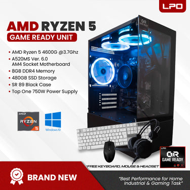 Gaming Unit AMD Ryzen 5 4600G 3.7Ghz A520MS Ver. 6.0 AM4 Socket Motherboard 8GB DDR4 480GB SSD SR 89 Black Case Top One 750W Power Supply