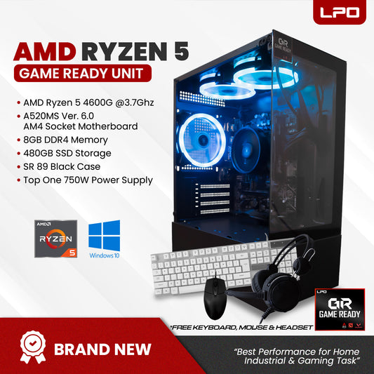 Gaming Unit AMD Ryzen 5 4600G 3.7Ghz A520MS Ver. 6.0 AM4 Socket Motherboard 8GB DDR4 480GB SSD SR 89 Black Case Top One 750W Power Supply