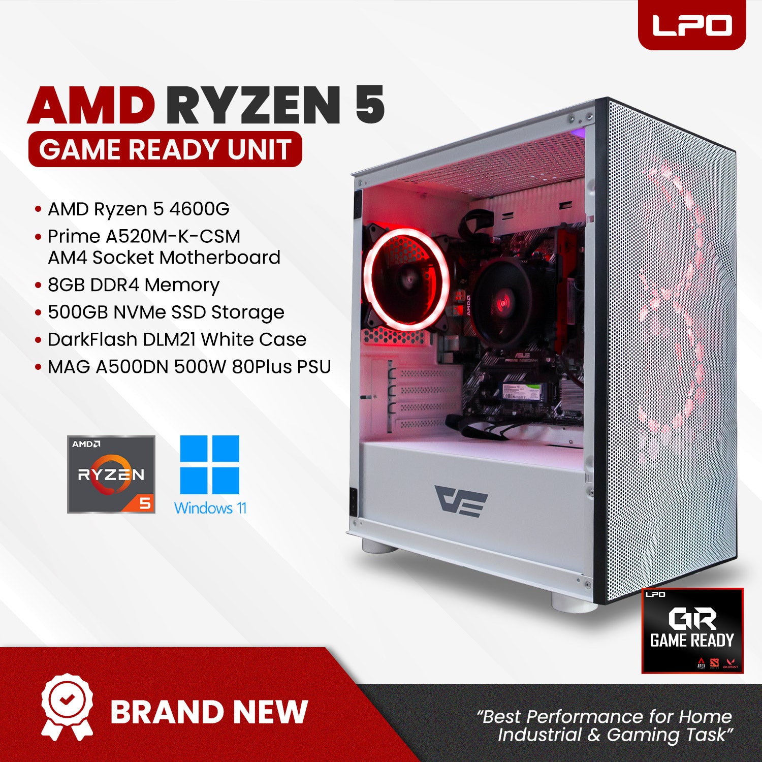 Gaming Desktop Unit AMD Ryzen 5 4600G 4.2Ghz Prime A520M-K-CSM AM4 Socket Motherboard 8GB DDR4 500GB NVMe SSD DLM21 White Case MAG A500DN 500W 80+ PSU (Game Ready)