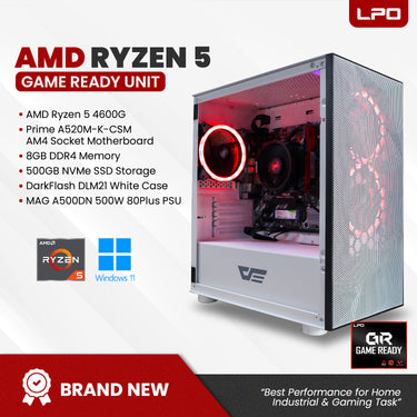 Gaming Desktop Unit AMD Ryzen 5 4600G 4.2Ghz Prime A520M-K-CSM AM4 Socket Motherboard 8GB DDR4 500GB NVMe SSD DLM21 White Case MAG A500DN 500W 80+ PSU (Game Ready)