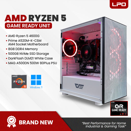 Gaming Desktop Unit AMD Ryzen 5 4600G 4.2Ghz Prime A520M-K-CSM AM4 Socket Motherboard 8GB DDR4 500GB NVMe SSD DLM21 White Case MAG A500DN 500W 80+ PSU (Game Ready)