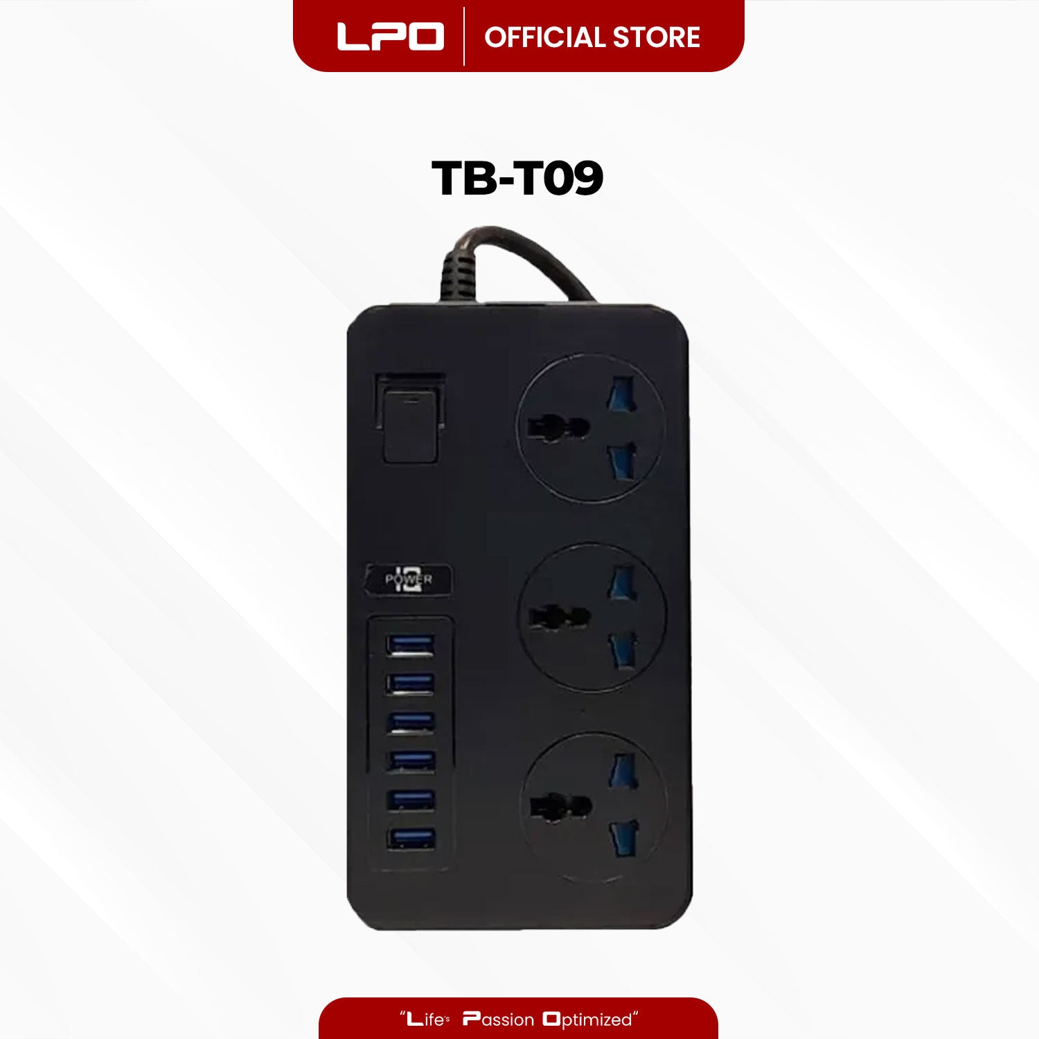 Power Extension Cord TB-T09 6 USB Port 3 Universal Plug Port with Electronic Micro Switch 3000W - 16A / 110 - 250V 5V = 3.1A