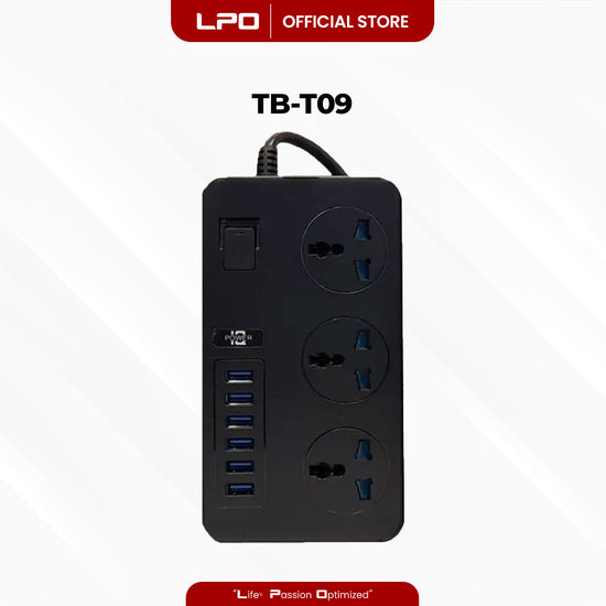 Power Extension Cord TB-T09 6 USB Port 3 Universal Plug Port with Electronic Micro Switch 3000W - 16A / 110 - 250V 5V = 3.1A