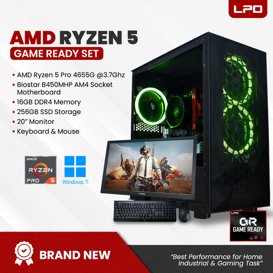 Gaming Desktop Computer AMD Ryzen 5 Pro 4655G 3.7Ghz B450MHP AM4 Socket Motherboard 16GB DDR4 256GB SSD 20" Monitor with Keyboard and Mouse (Game Ready Set)