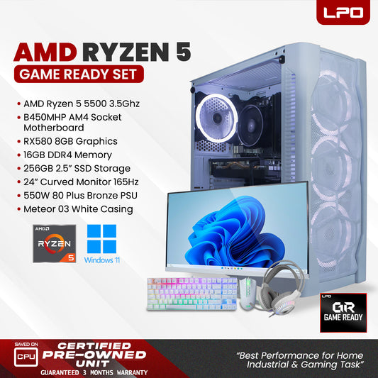 Gaming Desktop Computer AMD Ryzen 5 5500 3.5Ghz B450MHP AM4 RX580 8GB 16GB DDR4 256GB 2.5" SSD 24" Curved 165Hz 550W 80 Plus Bronze PSU Meteor 03 White Casing