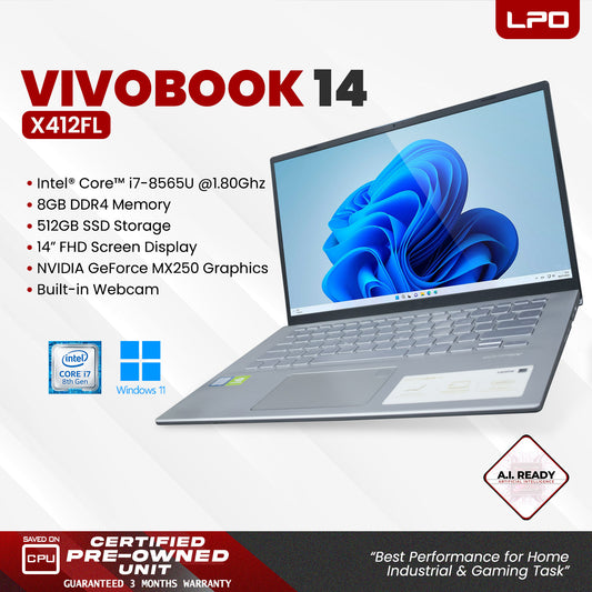 Laptop Asus Vivobook 14 X412FL Intel Core i7-8565U 1.80Ghz 8GB DDR4 512GB SSD NVIDIA GeForce MX250 14.0" FHD