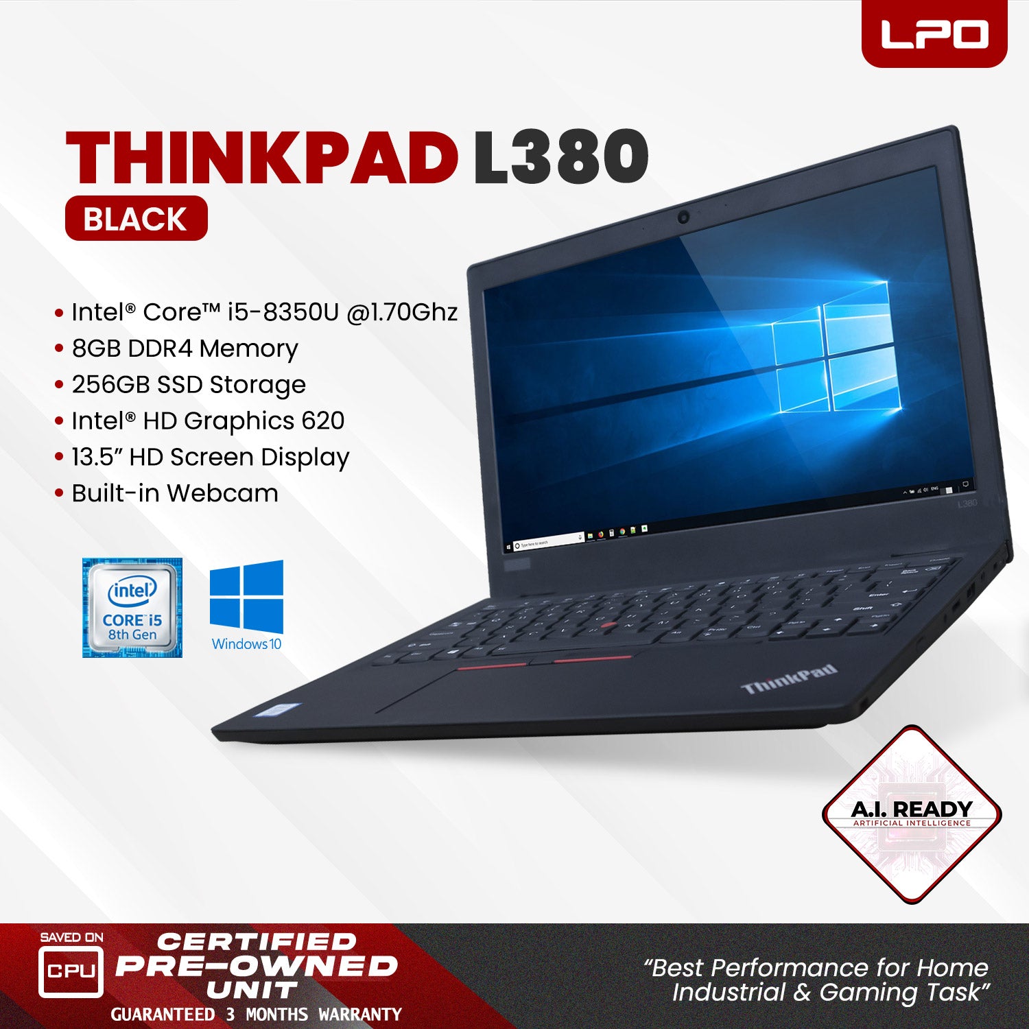 Laptop Lenovo Thinkpad L380 Intel Core i5-8350U 1.70Ghz 8GB DDR4 256GB SSD Intel HD Graphics 620 13.5