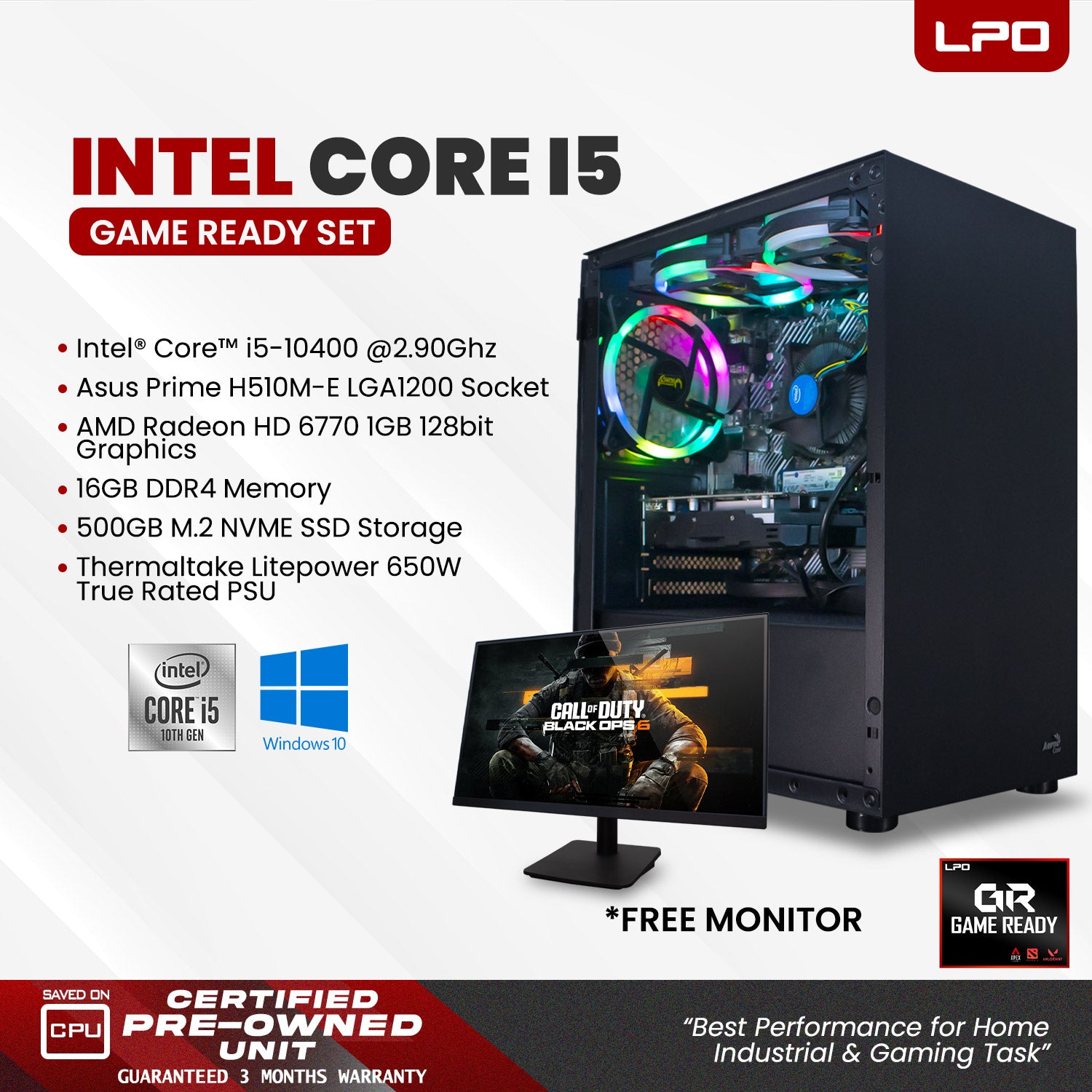Gaming Desktop Computer Intel Core i5-10400 2.90Ghz Asus Prime H510M-E LGA 1200 Socket Motherboard AMD Radeon HD 6770 1GB 128bit 16GB DDR4 500GB M.2 NVME SSD Thermaltake Litepower 650W True Rated PSU (Game Ready Set)