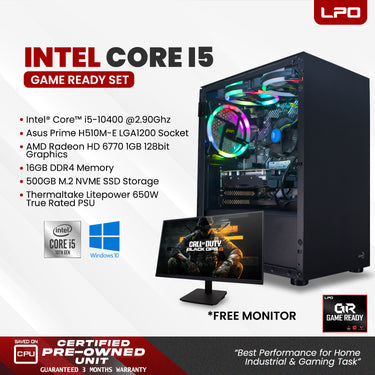 Gaming Desktop Computer Intel Core i5-10400 2.90Ghz Asus Prime H510M-E LGA 1200 Socket Motherboard AMD Radeon HD 6770 1GB 128bit 16GB DDR4 500GB M.2 NVME SSD Thermaltake Litepower 650W True Rated PSU (Game Ready Set)