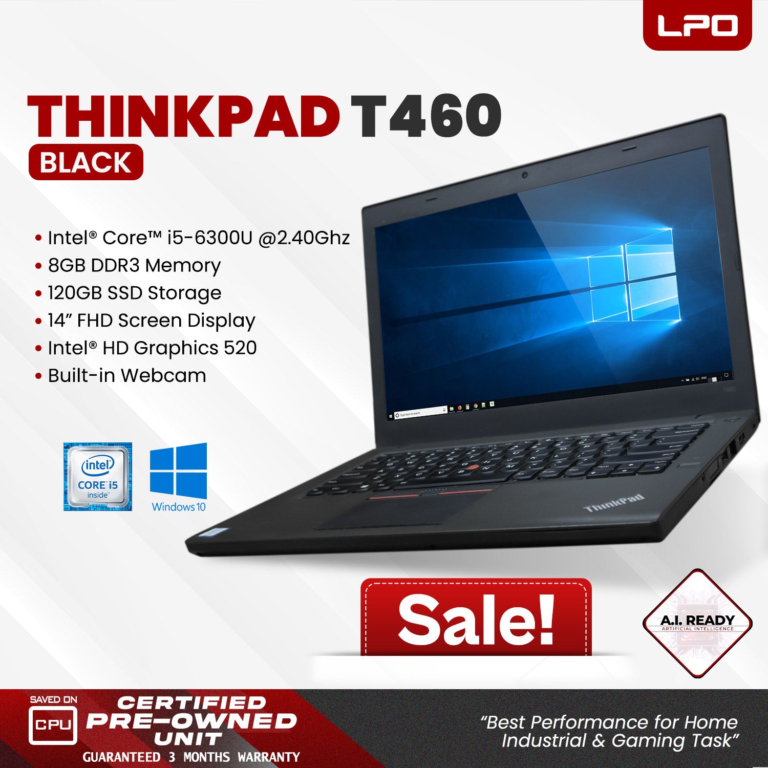 Laptop Lenovo Thinkpad T460 Intel Core i5-6300U 2.40Ghz 8GB DDR3 120GB SSD Intel HD 520 14.0