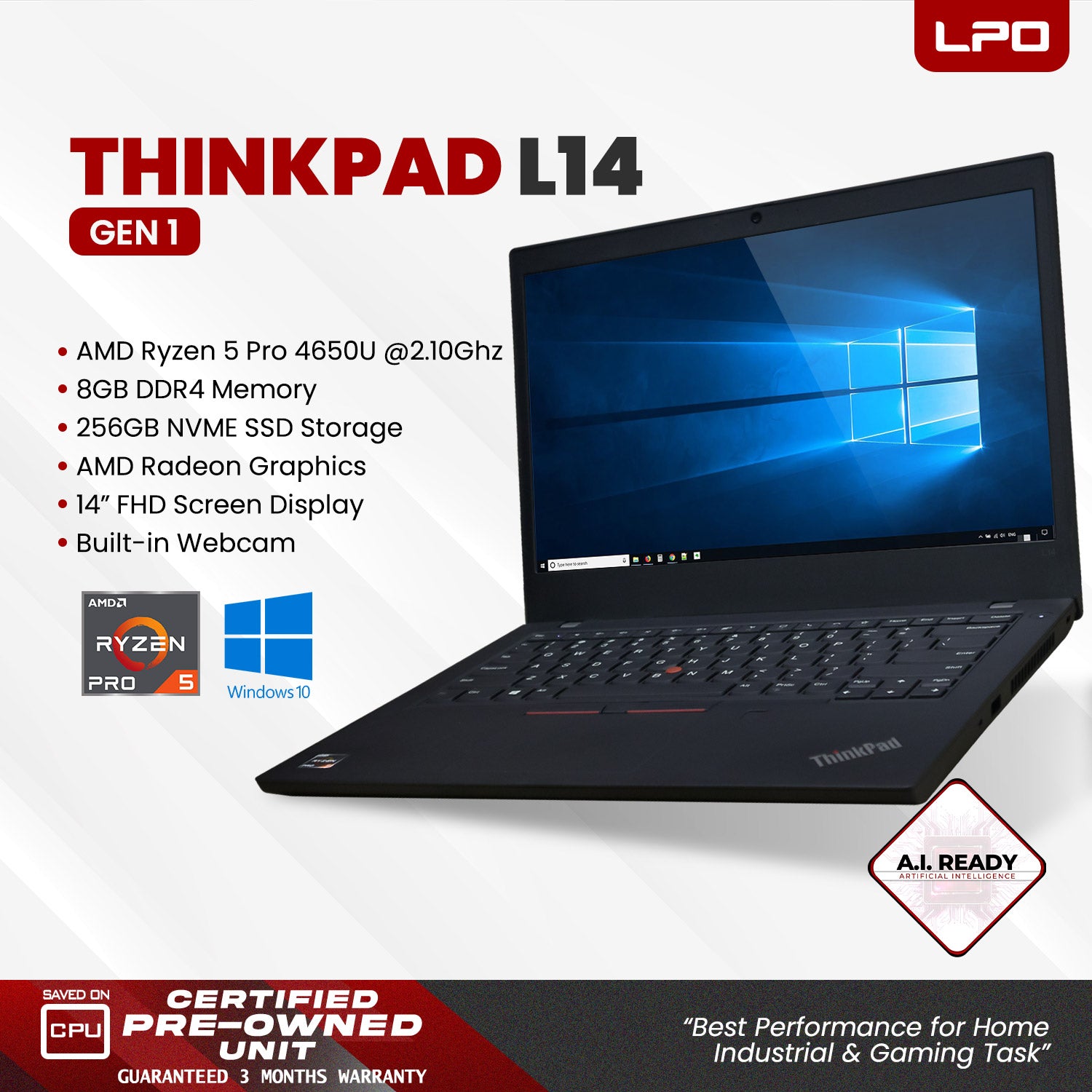 Laptop Lenovo Thinkpad L14 Gen 1 AMD Ryzen 5 Pro 4650U 2.10Ghz 8GB DDR4 256GB NVMe SSD AMD Radeon 14.0