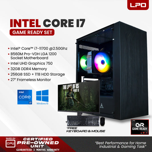 Gaming Desktop Computer Intel Core i7-11700 2.50Ghz MSI B560M Pro-VDH LGA 1200 Socket Motherboard Intel UHD 750 32GB DDR4 256GB SSD + 1TB HDD 27" Frameless Monitor (Game Ready Set)