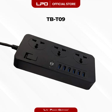 Power Extension Cord TB-T09 6 USB Port 3 Universal Plug Port with Electronic Micro Switch 3000W - 16A / 110 - 250V 5V = 3.1A