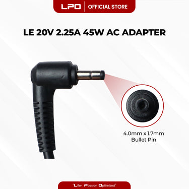 Laptop Charger Lenovo 20V 2.25A 45W Bullet Pin 4.0mm x 1.7mm Compatible with Lenovo Yoga C640-13IML