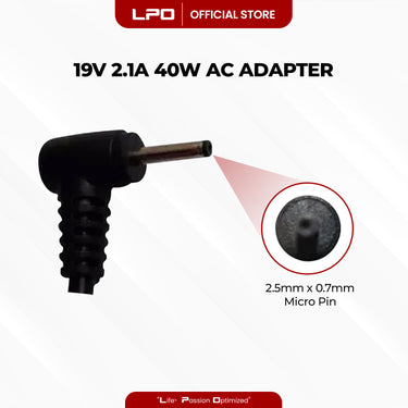 Laptop Charger Asus 19V 2.1A 40W Micro Pin 2.5mm x 0.7mm Compatible with Asus EeePC Seashell 1008 1008P 1008HAG