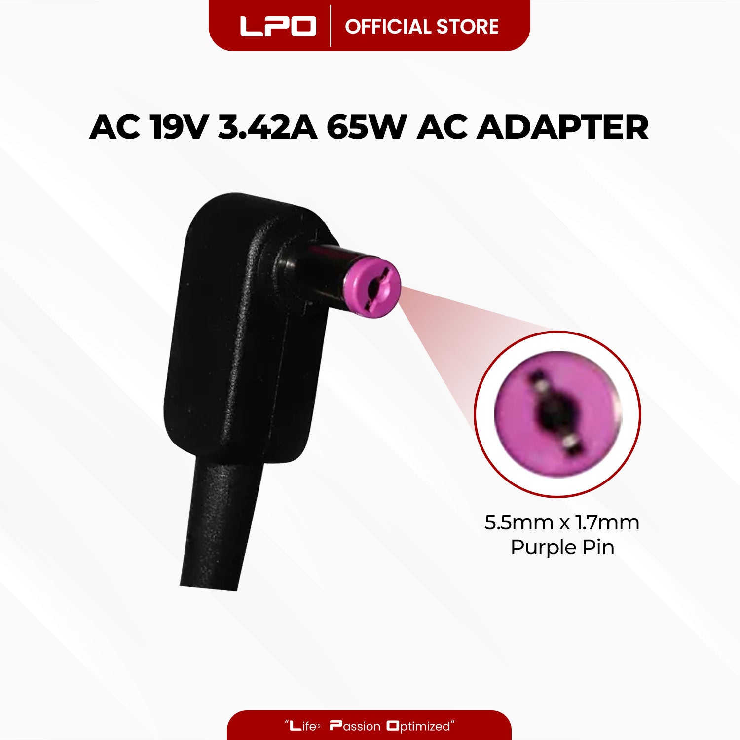 Laptop Charger Acer 19V 3.42A 65W Purple Pin 5.5mm x 1.7mm Compatible with Acer TravelMate B115, B115M, B113, B113-M