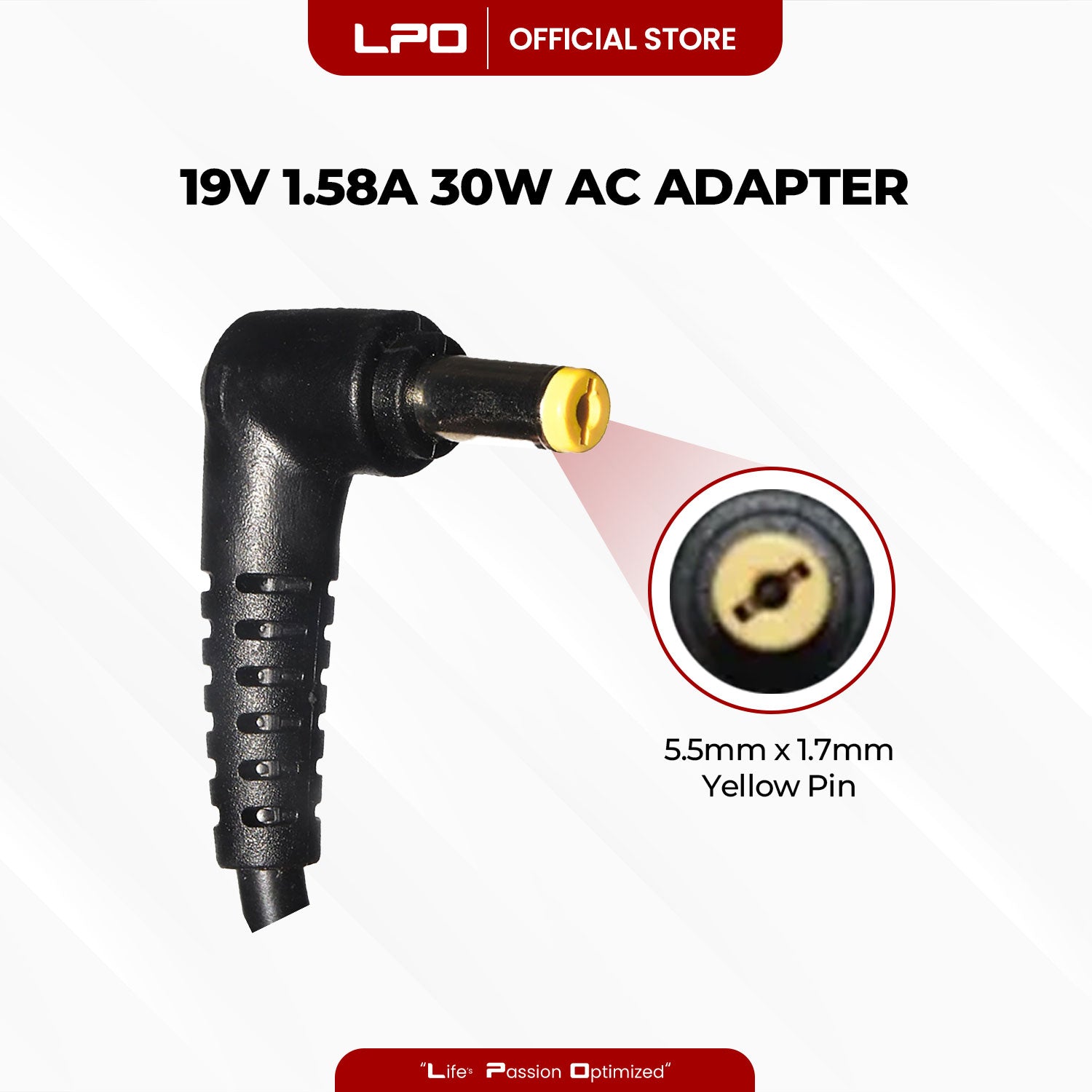 Laptop Charger Acer 19V 1.58A 30W Yellow Pin 5.5mm x 1.7mm Compatible with Acer Aspire One D255 D255E D260
