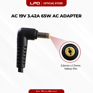 Laptop Charger Acer 19V 3.42A 65W Yellow Pin 5.5mm x 1.7mm Compatible with Acer Aspire R3 V3 V5 V7