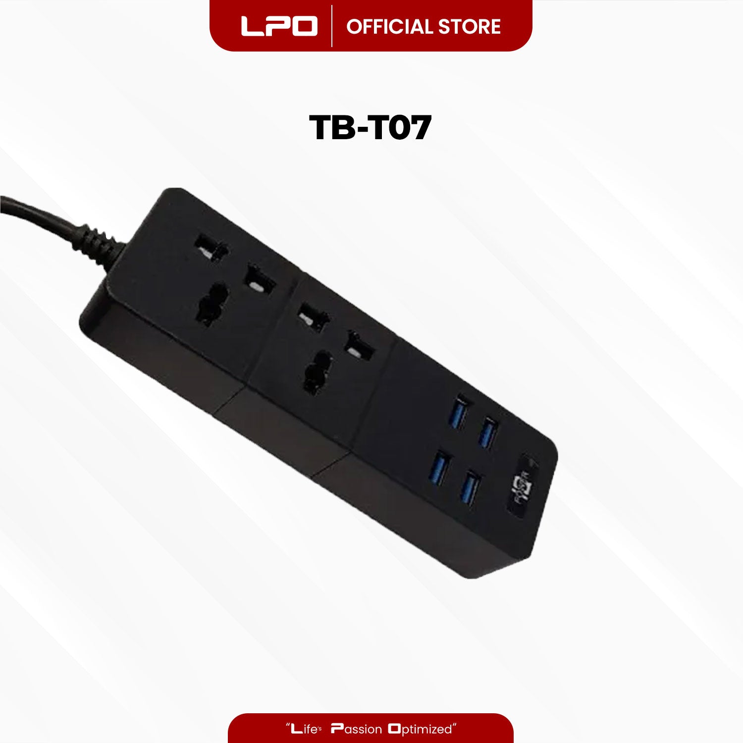 Power Extension Cord TB-T07 4 USB Port 2 Universal Plug Port 2500W-10A/110-250V 5V = 3.1A 2m Length