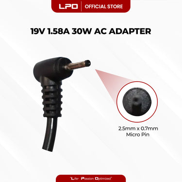Laptop Charger Asus 19V 1.58A 30W Micro Pin 2.5mm x 0.7mm Compatible with Asus EeePC Seashell 1008 1008P 1008HAG