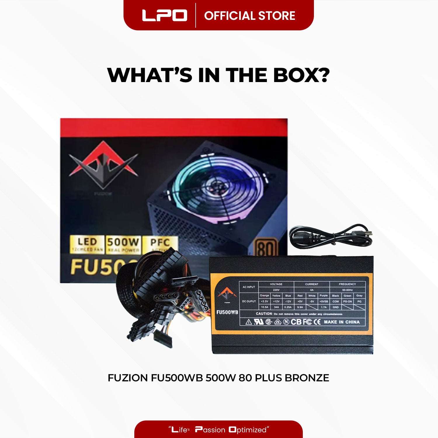Fuzion FU500WB 500W 80+ Bronze RGB Power Supply True-Rated High Performance PSU For CPU Desktop PC Computer