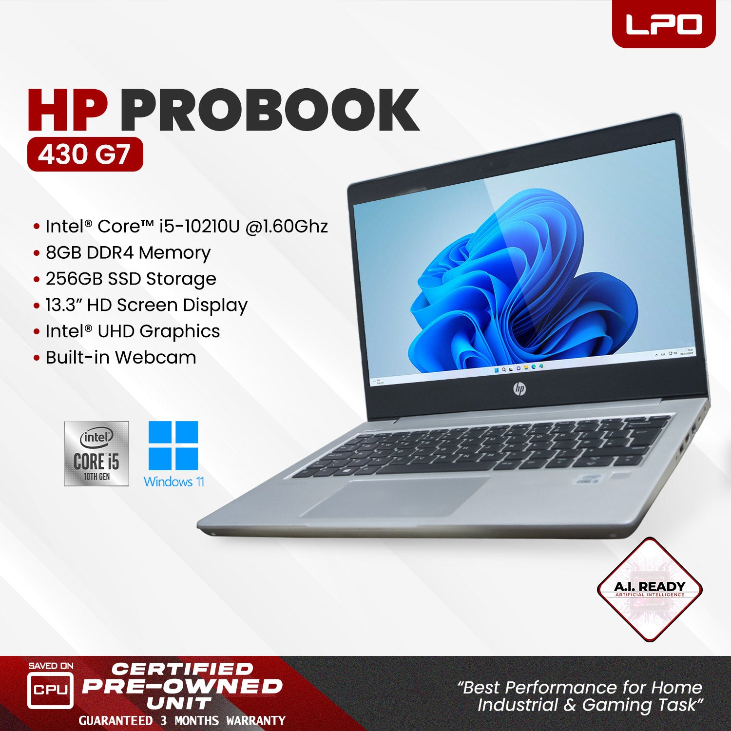 LPO Laptop Hp Probook 430 G7 Intel Core i7-10210U CPU @1.60Ghz 8GB DDR4 256GB SSD Win 11 Pro 13.3