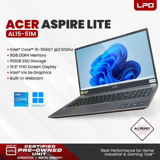 LPO Laptop Acer Aspire Lite AL15-51M Intel Core i5-1155G7 @2.50Ghz 8GB DDR4 512GB SSD 15.6" FHD Intel Iris Xe Windows 11
