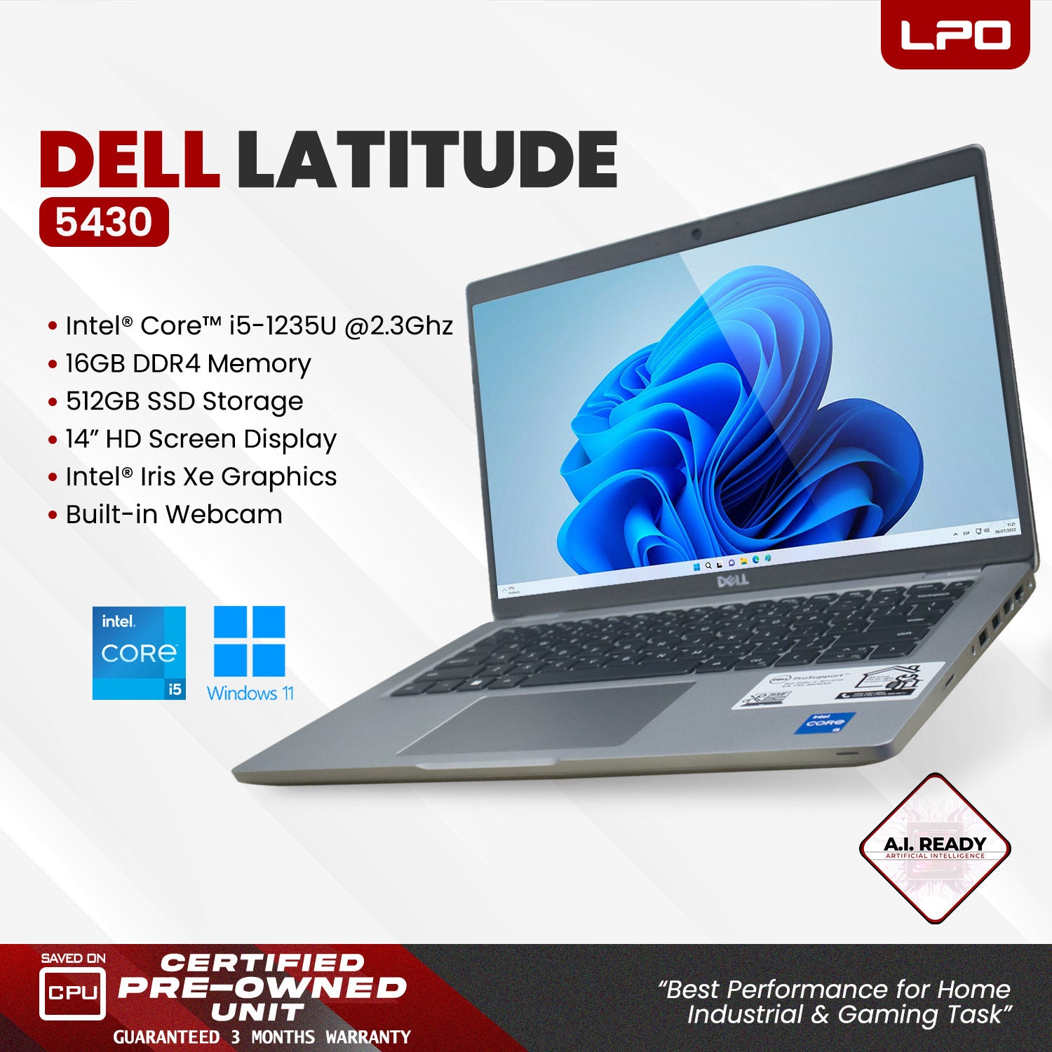 LPO Laptop Dell Latitude 5430 Intel Core i5-1235U @2.3Ghz 16GB DDR4 512GB SSD Intel Iris Xe 14