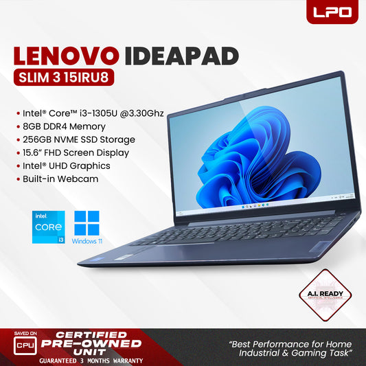 LPO Laptop Lenovo Ideapad Slim 3 15IRU8 Intel Core i3-1305V, 1600MHz 8GB DDR5 256GB SSD NVME Win 11 Pro 15.6" FHD 1920 x 1080 Intel UHD Graphics