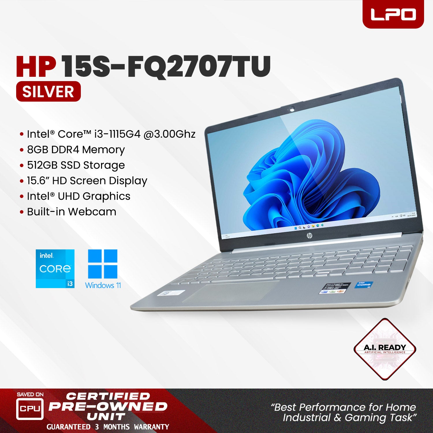 LPO Laptop HP 15S-FQ2707TU Intel Core i3-1115G4 @3.00Ghz 8GB DDR4 512GB SSD 15.6